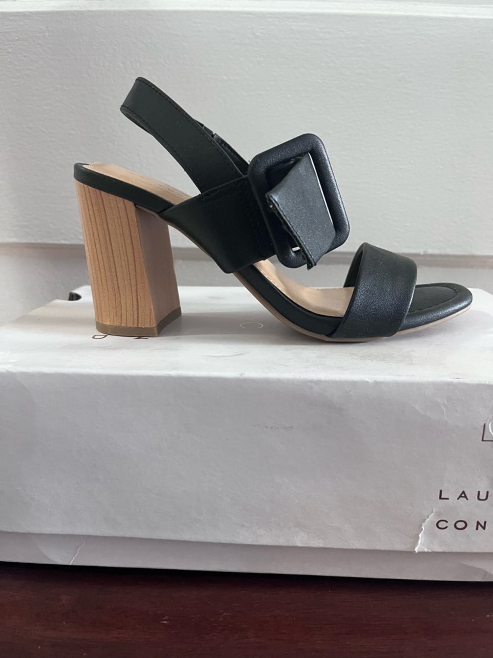 LC Lauren Conrad - Black Block Heel Buckle Slingback Sandal